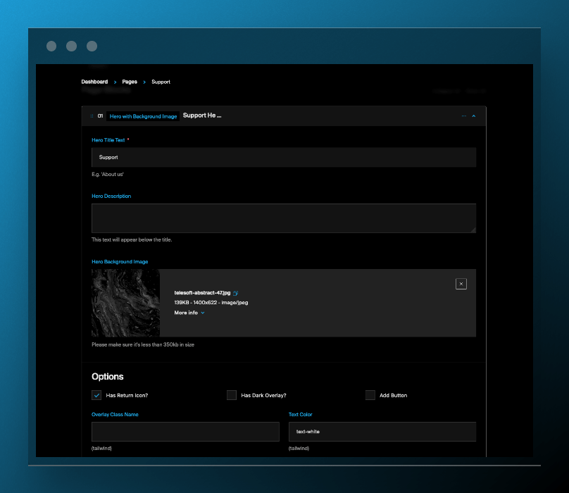 Telesoft's Pages menu for Admins